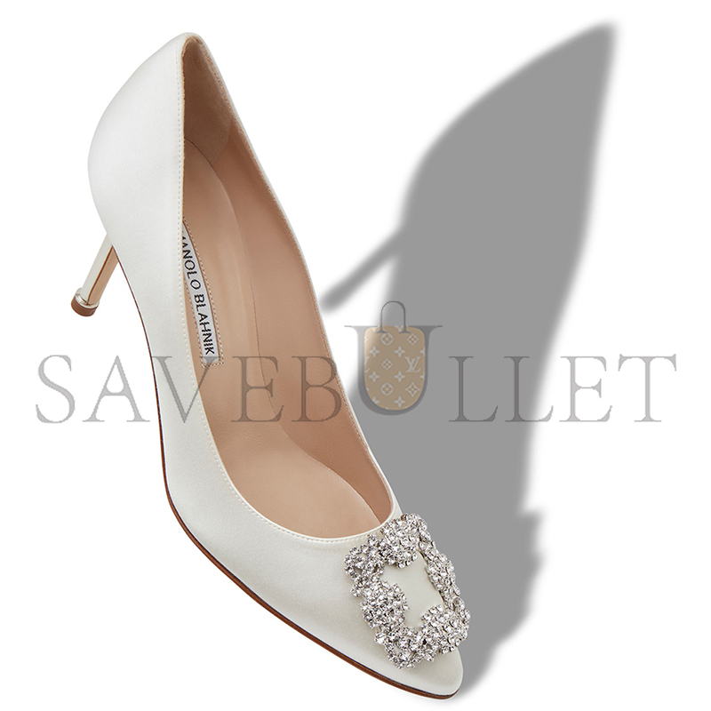 MANOLO BLAHNIK HANGISI 70 WHITE SATIN JEWEL BUCKLE PUMPS 9XX-0316-0044