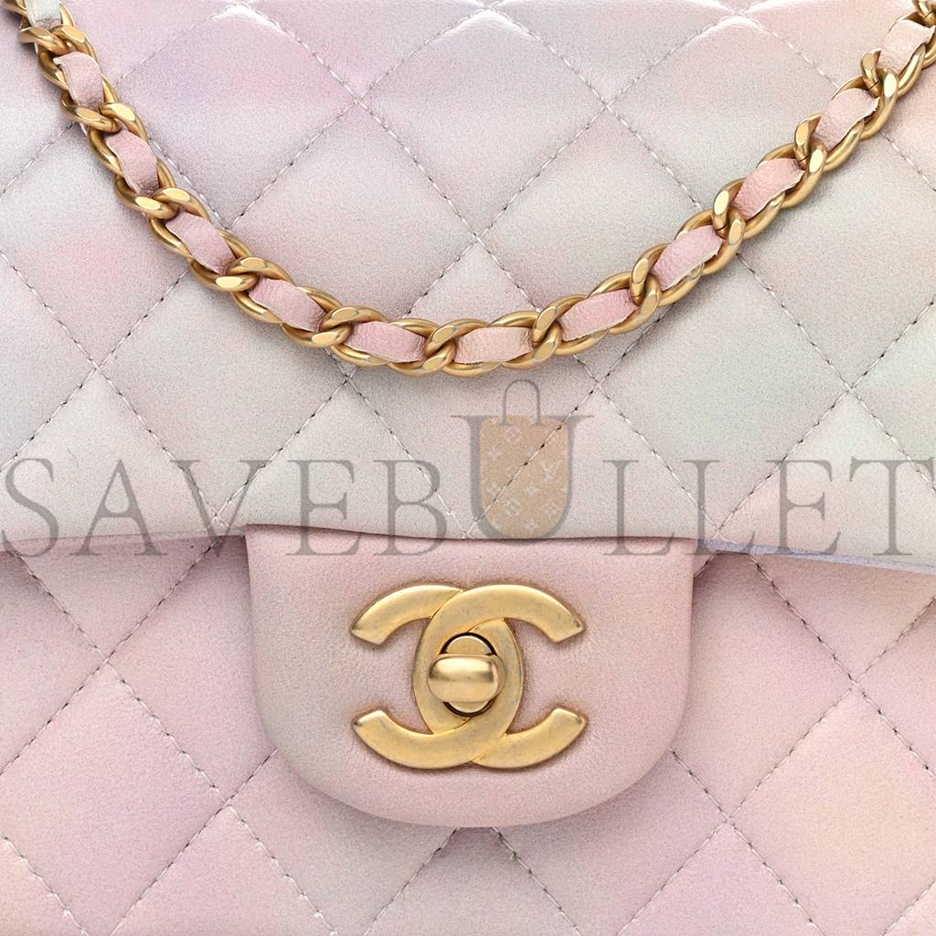 Ch*el lambskin quilted ombre mini top handle rectangular flap pink multicolor gold hardware (20*13*6cm)