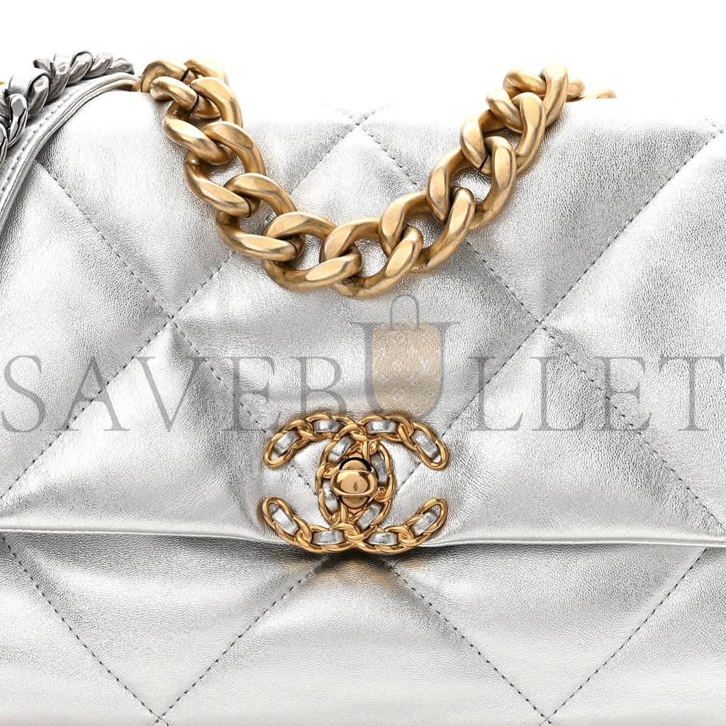 Ch*el metallic goatskin quilted large Ch*el 19 flap silver gold hardware (30*21*9cm)