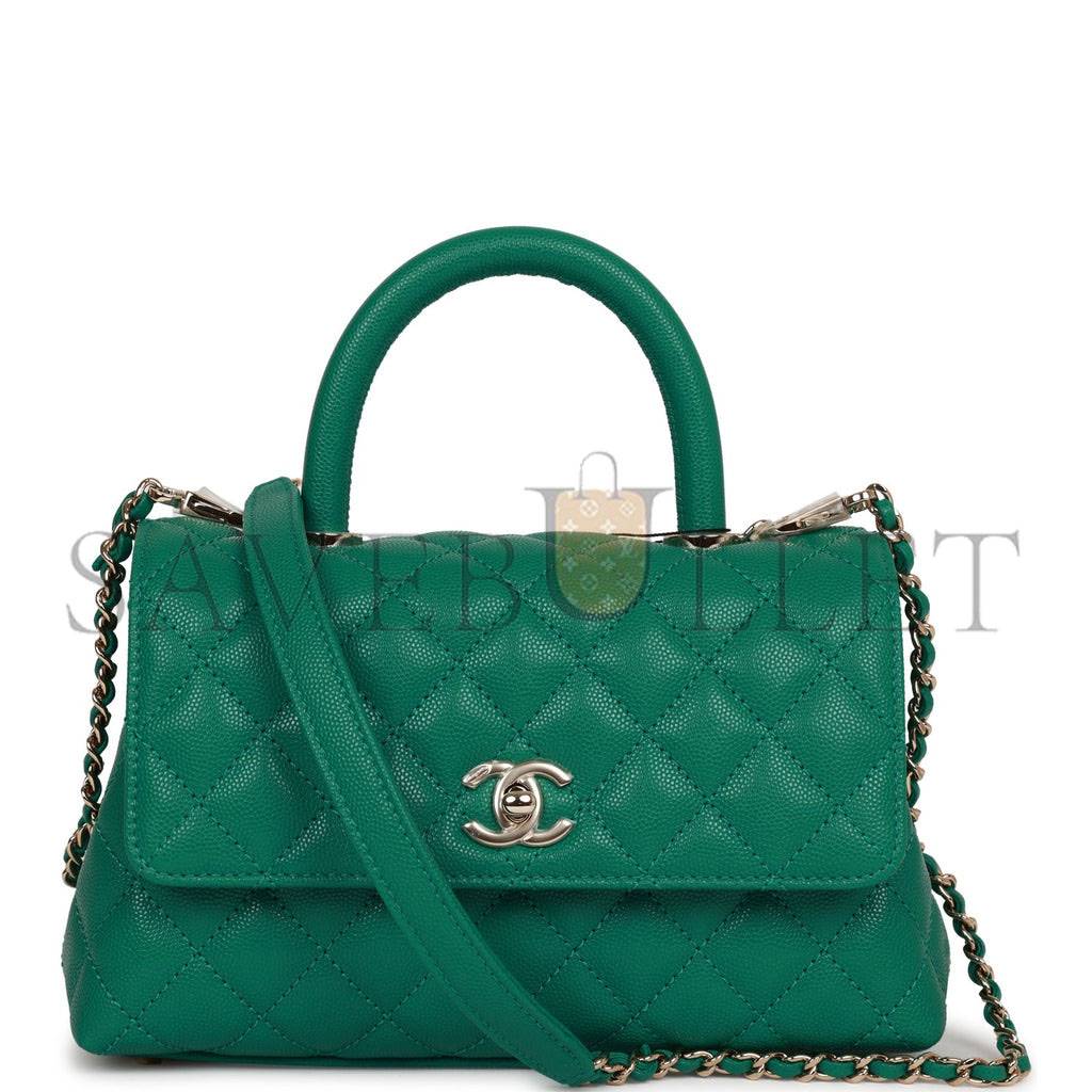 Ch*el small coco handle flap bag green caviar light gold hardware (23*15*10cm)