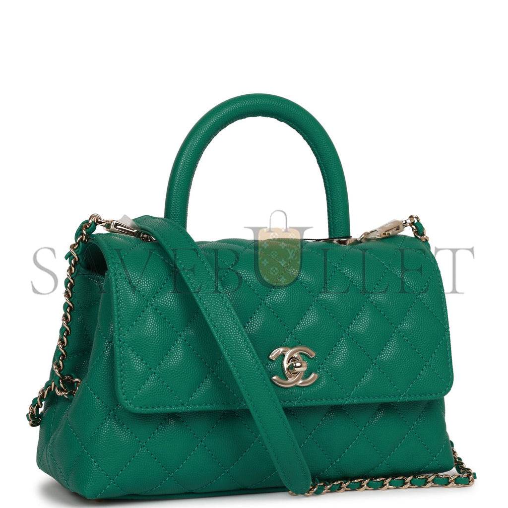 Ch*el small coco handle flap bag green caviar light gold hardware (23*15*10cm)