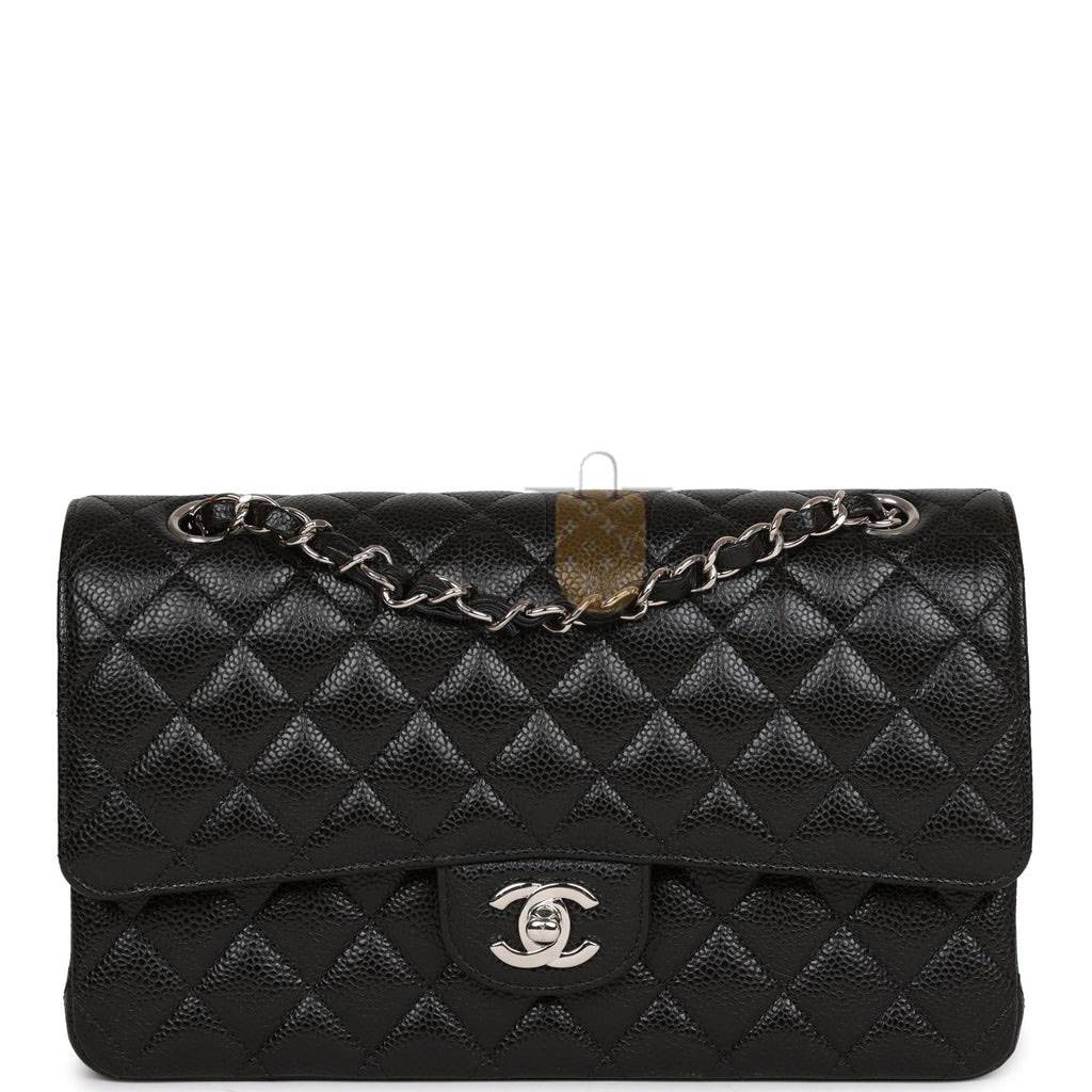 Ch*el medium classic double flap bag black quilted caviar silver hardware (25*15*7cm)