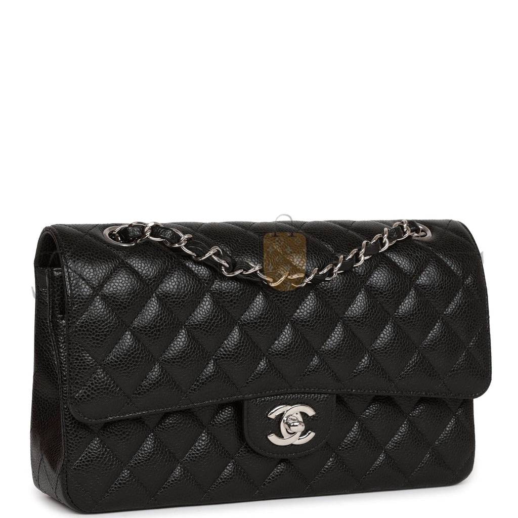 Ch*el medium classic double flap bag black quilted caviar silver hardware (25*15*7cm)