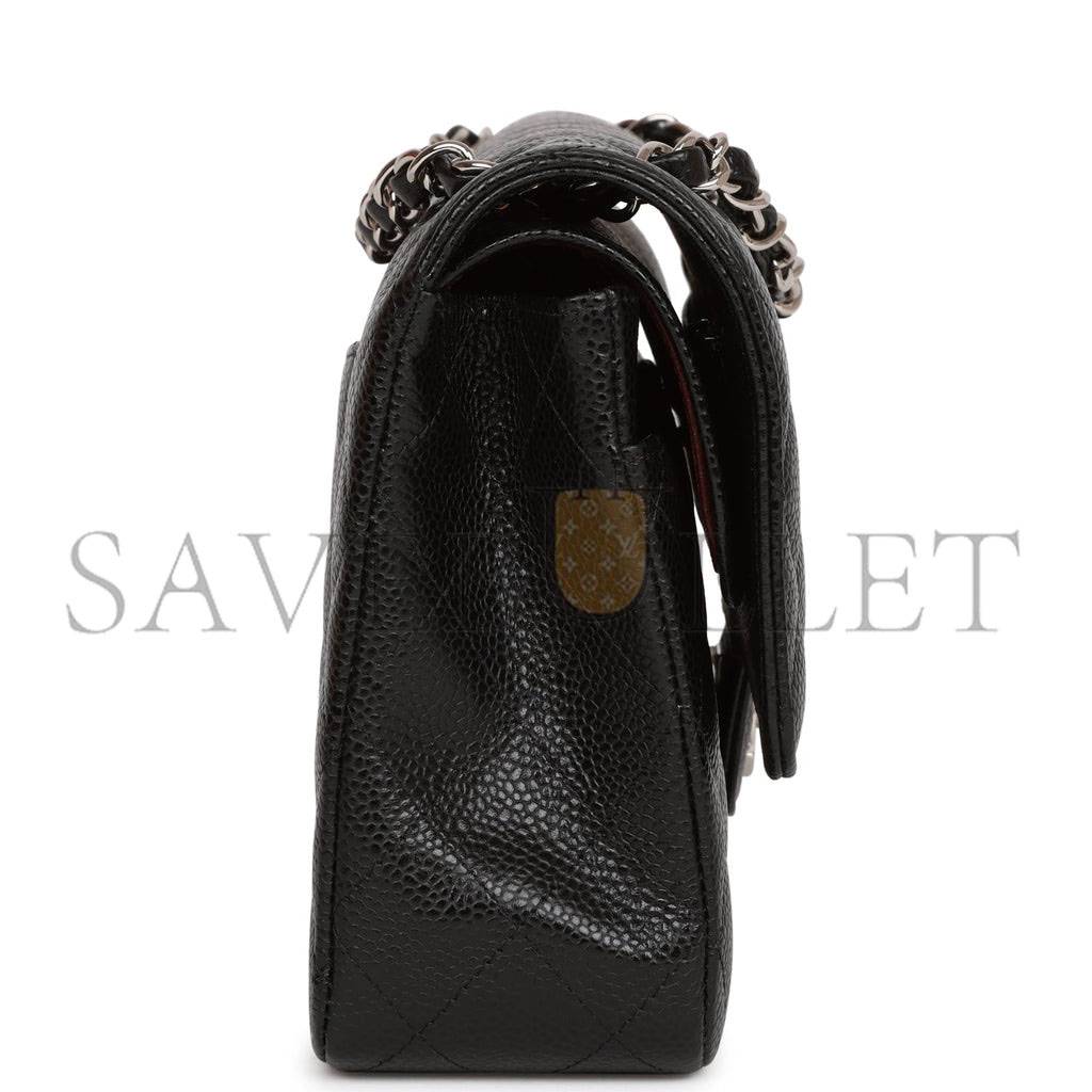 Ch*el medium classic double flap bag black quilted caviar silver hardware (25*15*7cm)