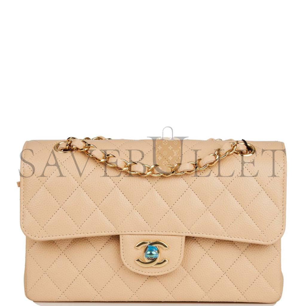 Ch*el small classic double flap bag beige caviar gold hardware (23*13*6cm)