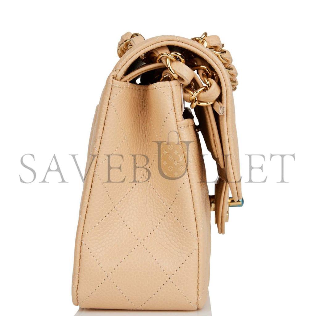 Ch*el small classic double flap bag beige caviar gold hardware (23*13*6cm)